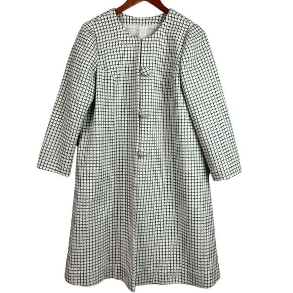 Vintage 60s Wool Plaid Checkered Dress Overcoat Button Front Full Sleeves Lined - Picture 9 of 10